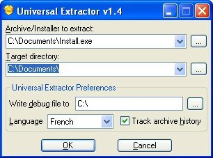 le menu principal d'universal extractor