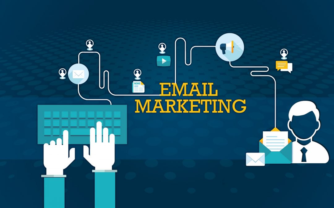 Illustration d'une boîte de réception email ouverte avec des enveloppes représentant des newsletters et des icônes de ciblage marketing