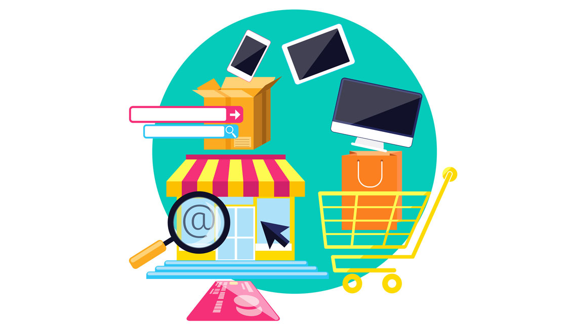 Psychologie site e-commerce efficace avec cerveau et icônes de panier et de graphiques
